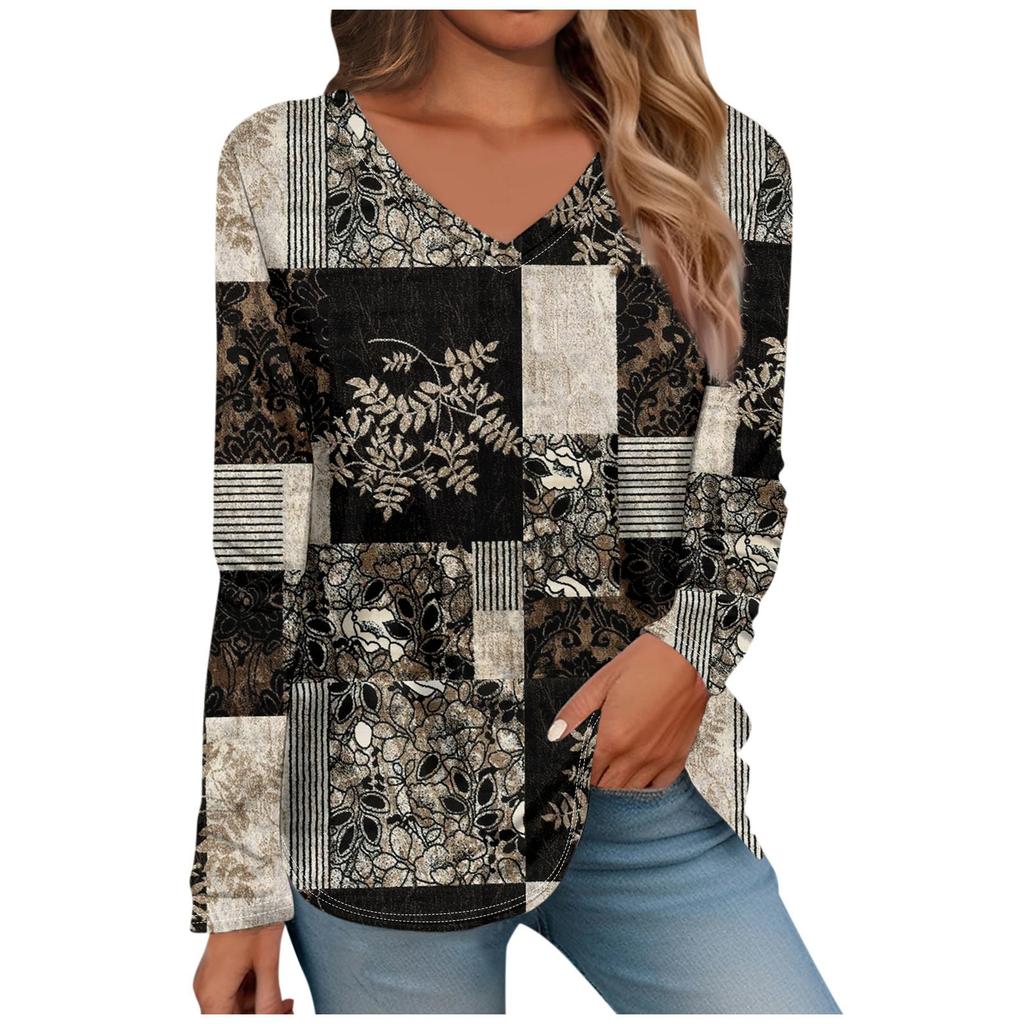 Women's T Shirt Retro Print Long Sleeve Daily Weekend Daily Basic V Neck Regular  Fall Winter Tops