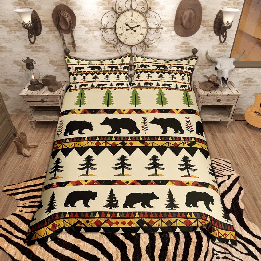 Homewish Rustic Farmhouse Duvet Cover Set, Bear Moose Deer Bedding Set, Retro Lodge Cabin Quilt Cover Set