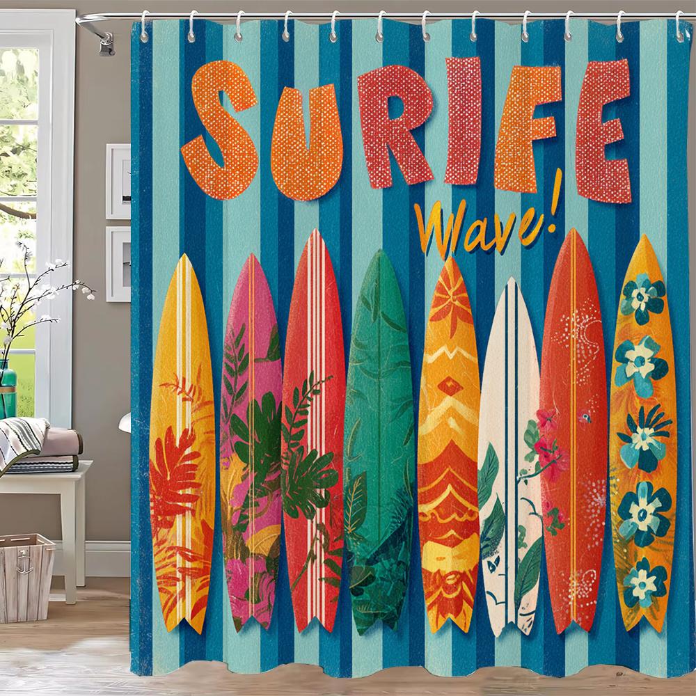 

Summer Beach Surfing Shower Curtain, Bathroom Curtain,Printed Polyester Home Decorative Curtain With Hooks W60H190(CM)-1 Pcs