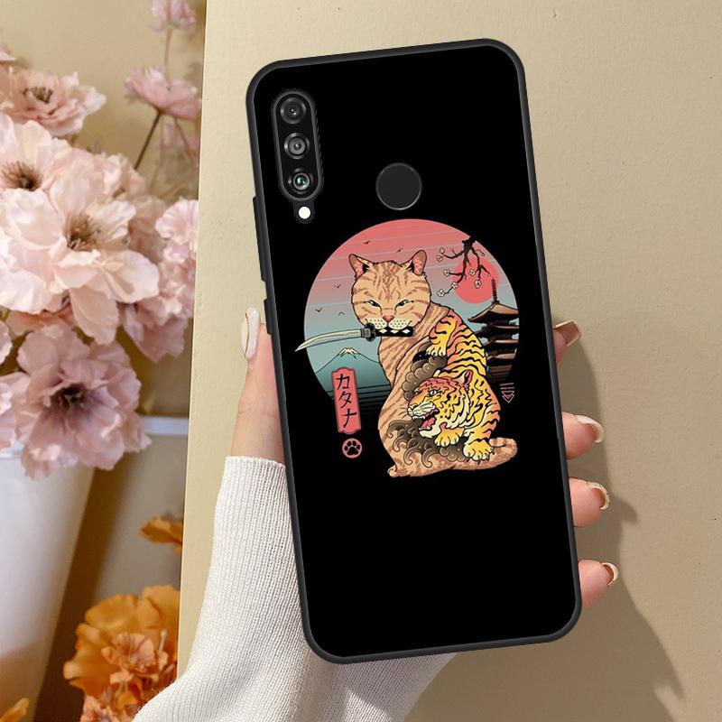 Ukiyo-e Samurai Cat Neko Ramen For Huawei Nova 11 Pro 9 10 SE Y70 Y60 Y90 Y61 Y91 Y73 Y72 12s 12i 11i 8i P30 P40 Lite Case
