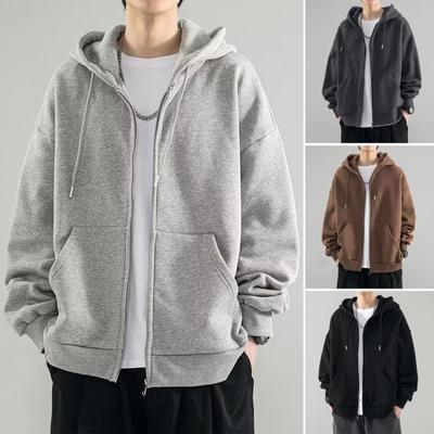 Men Autumn Winter Hoodie with Zipper Solid Color Long Sleeve Hooded Coat Male Cozy Stylish Outerwear