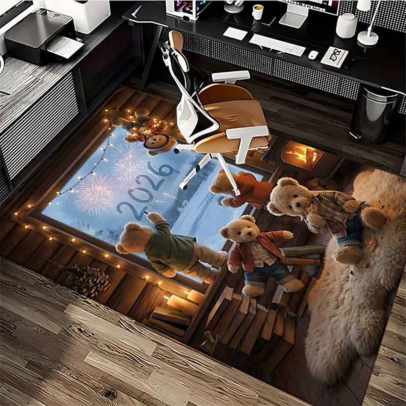 1pc Teddy Bears 2026 Fireworks Office Chair Mat - Anime Cartoon Design, Non-Slip Carpet for Home Decor, Seasonal Gift, Suitable for Office, Living Roo