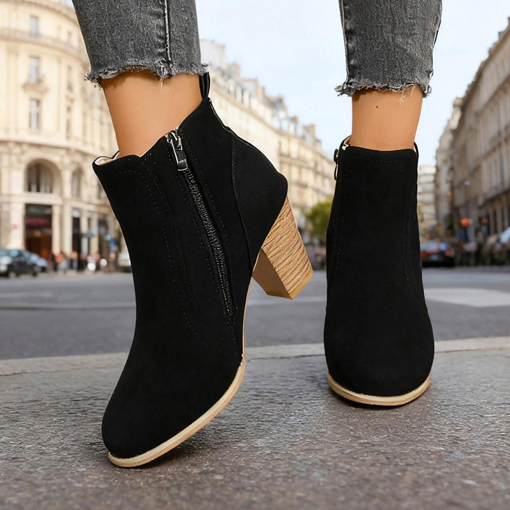 Damen Bequeme Runde Spitze Einfarbige Hohe Absätze Kurzer Schaft Seitenreißverschluss Modische Knöchelboots Stiefel für Damen Leder