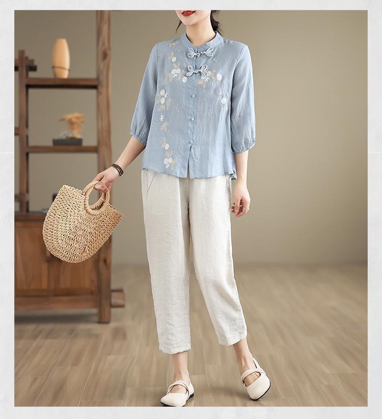 Dámská retro vyšívaná košile z bavlny a lnu se žabkovými knoflíky a stojáčkem