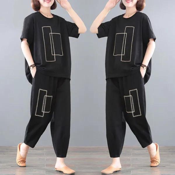 Tuta Taglie Forti Plus Size Abbigliamento Estivo da Donna Copri Pancia Largo e Sottile Casual Sportivo Stampa Tuta Due Pezzi
