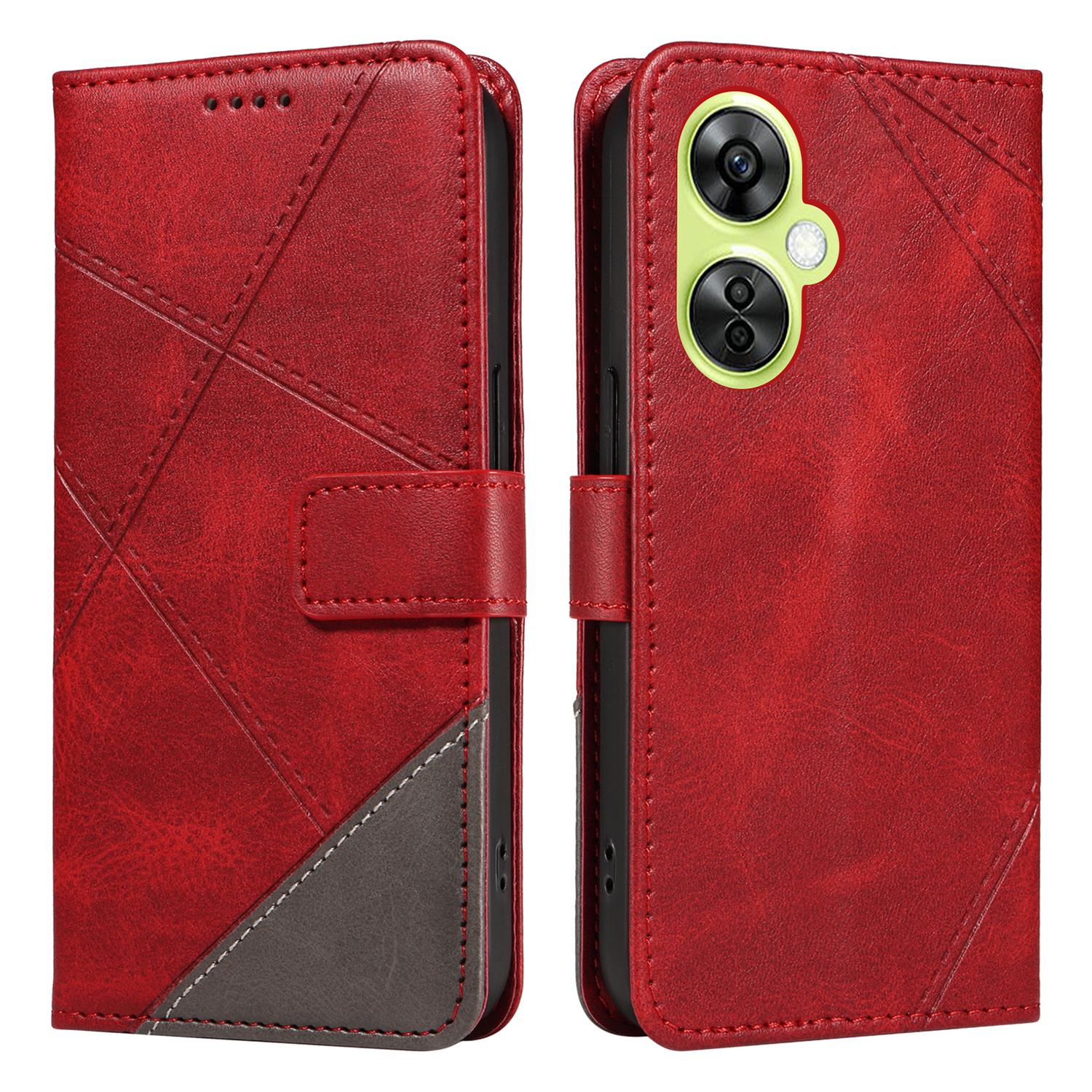 

For OnePlus Nord N30 5G/Nord CE 3 Lite 5G Case Leather Geometric Line Wallet Phone Cover with Wrist Strap Red