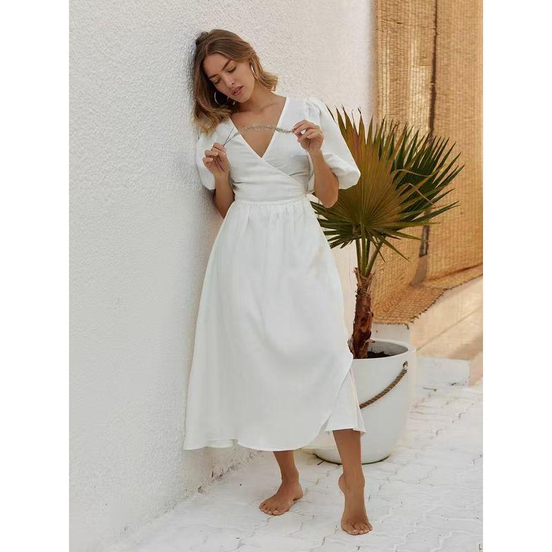 

Western Style Fashion Casual Lace-up V-neck Puff sleeve Dress V-Neck Bubble Sleeve Dress White S