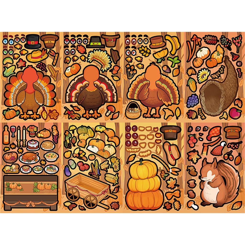 8 Thanksgiving Puzzle Face-changing Stickers, Cartoon Turkey And Squirrel Children's Cute Puzzle Diary DIY Stickers