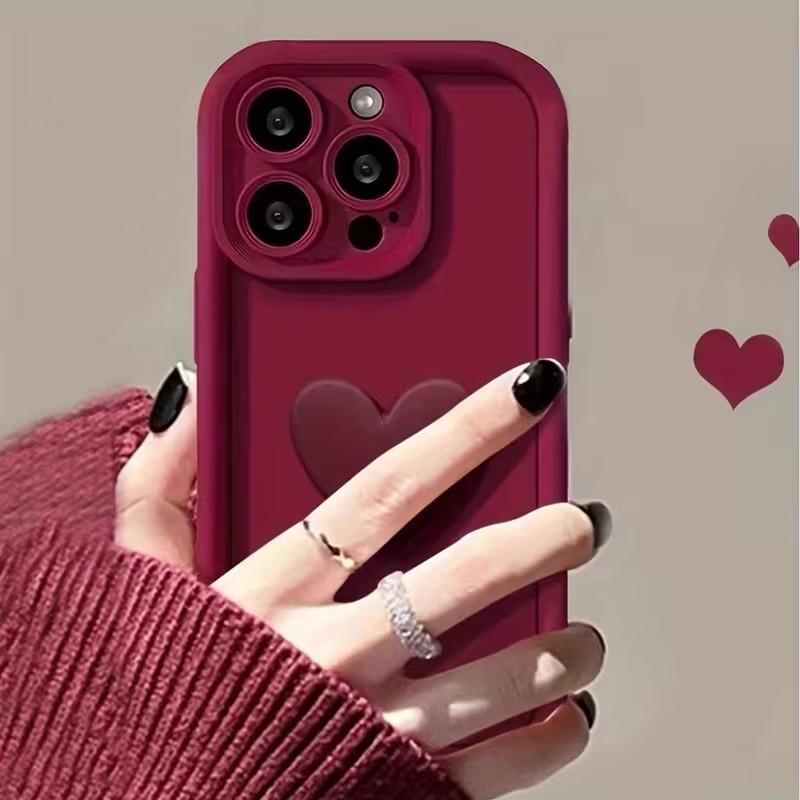 Wine Red 3D Heart Phone Case for iPhone 17 Pro Max Air 16E 11 12 13 Mini 14 15 16 Pro Max XS XR 7 8 Plus SE2 Soft Silicone Cover