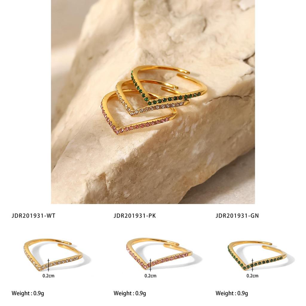 Stylish Trendy And Geometric Ring With 18k Gold And Vshaped Greenpinkwhite Zircon Stones Ins Fashion Accessory