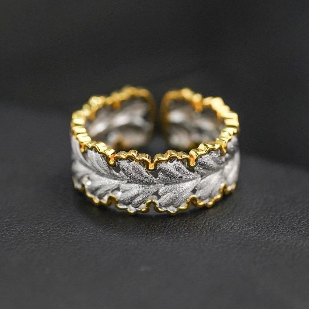 

Vintage Open Ginkgo Leaf Ring Italian Gold Trim Buccellati Style Brushed Finish Adjustable Finger Jewelry