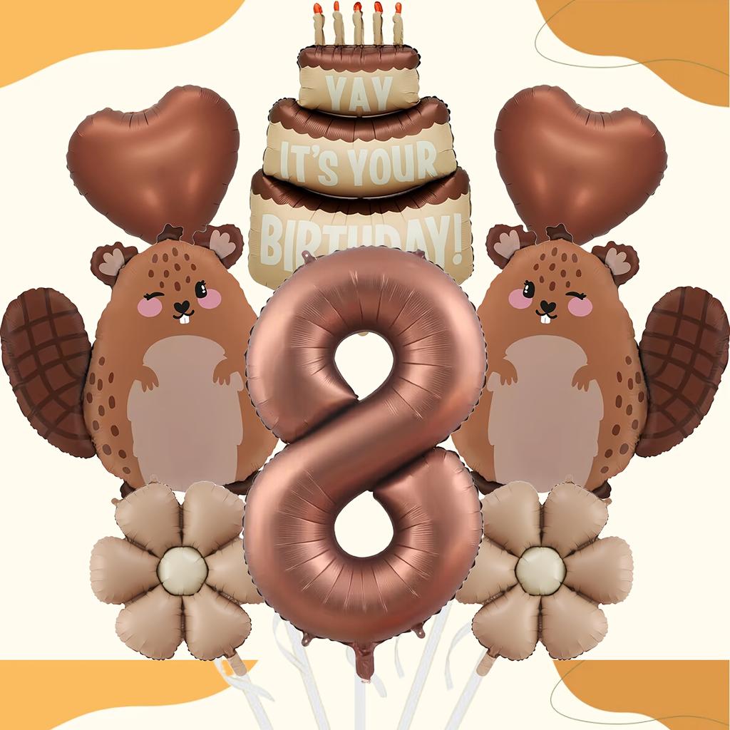 8pcs Cute Beaver Cake Daisy Love Chocolate Number 1-9 Balloon Set Birthday Party Animal Theme Set Baby Shower Globos