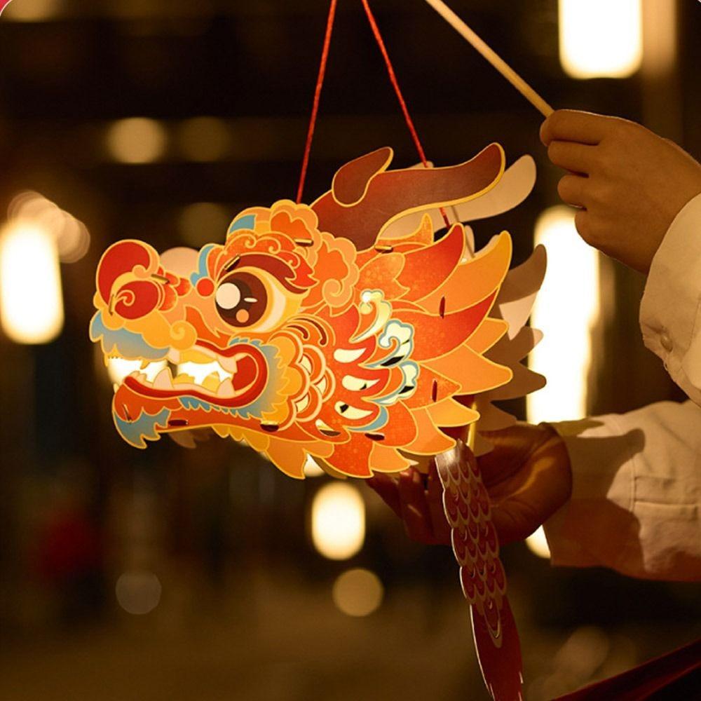 Handmade Dragon Head Lantern Glowing Luminous Handheld Lanterns Cartoon DIY Lantern Children