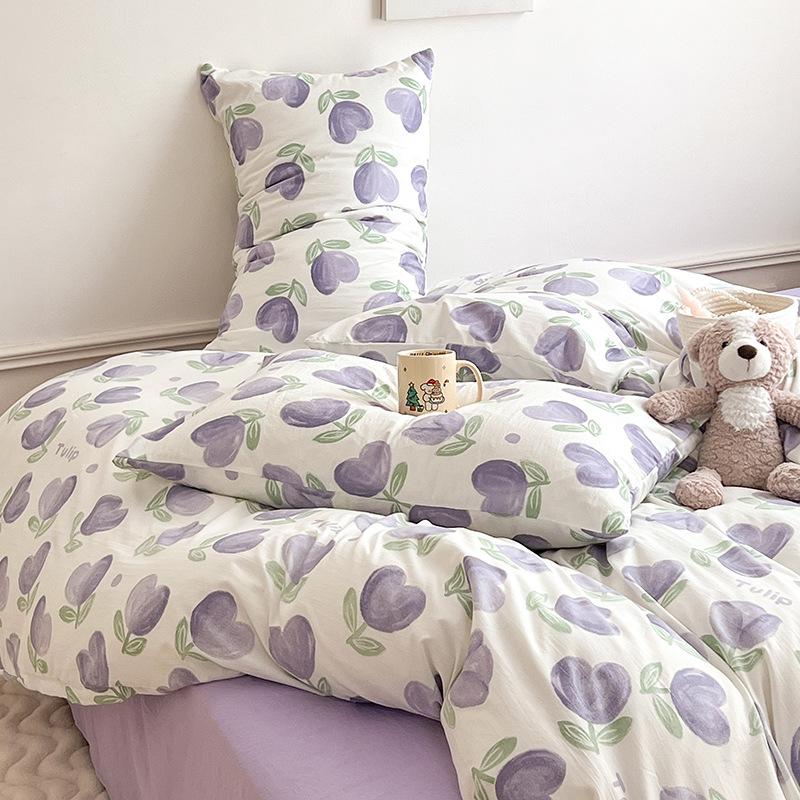 Class A Mother and Baby Grade Naked Sleeping Four-piece Set Fresh Washed Cotton Sheets Quilt Cover Bed Sheet Type Pure Cotton Three-piece Set