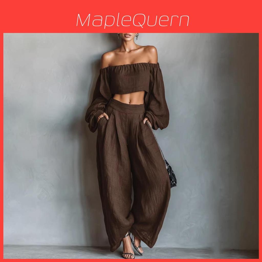 Spring Womens Off Shoulder Crop Top And Wide Leg Pants Set With Spliced Design For Casual Wear