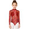 Kids Girls Dance Competition Bodysuit Printed Mesh Long Sleeve Leotard Jumpsuit with Press Button Crotch for Gymnastics Stage