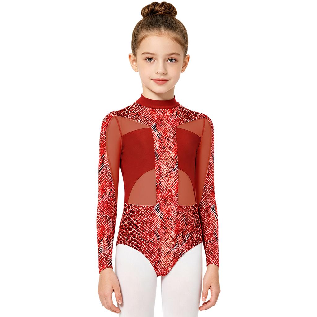 Kids Girls Dance Competition Bodysuit Printed Mesh Long Sleeve Leotard Jumpsuit with Press Button Crotch for Gymnastics Stage