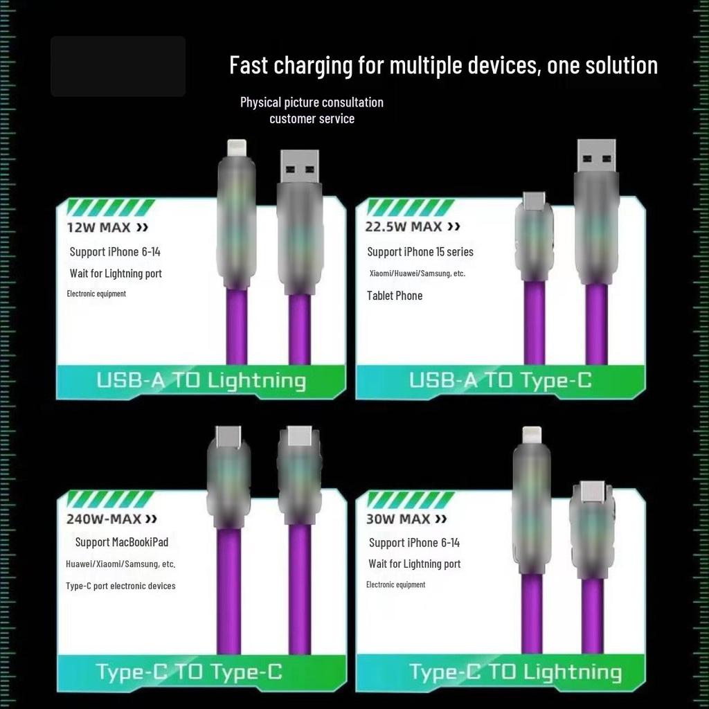 240W 4-in-1 Wireless Phone Charging Cable Compatible with Apple, Featuring Colorful LED Lights