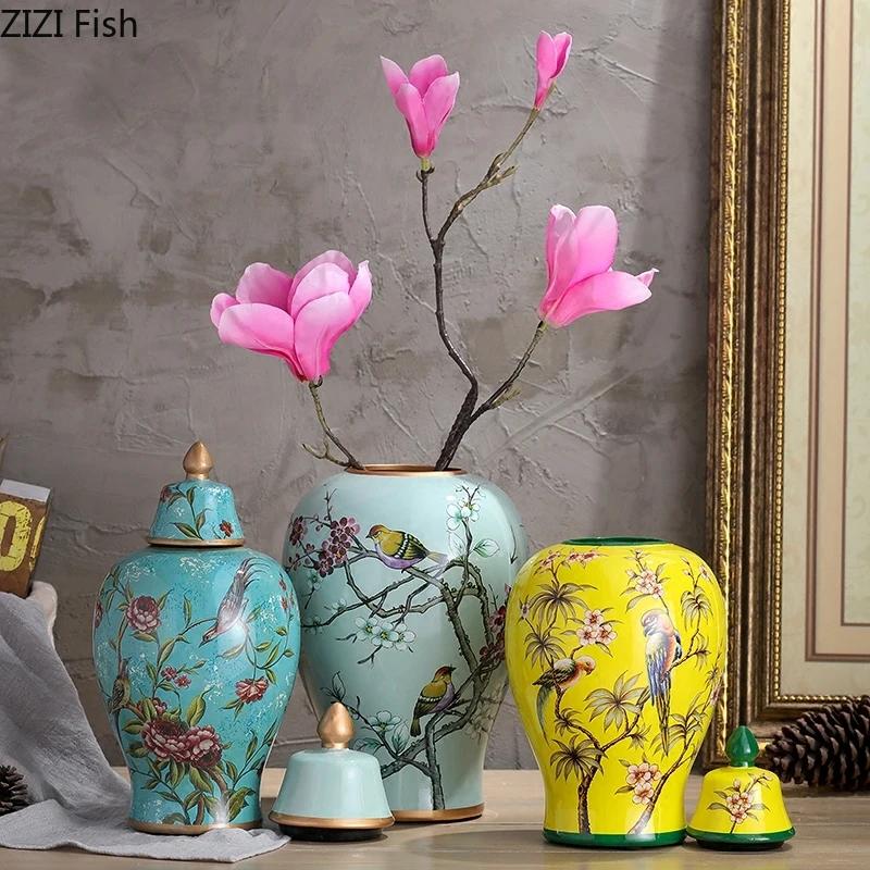 Malované keramické vázy Ozdoby Klasické květiny a ptáci Vázy Víceúčelové Starožitné porcelánové úložné nádoby Rustikální domácí dekorace