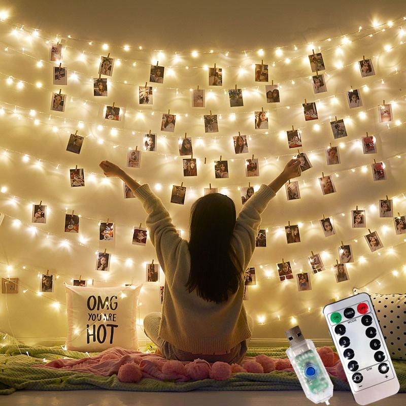 

LED String Lights 2M/5M/10M Photo Clip Fairy Lights Outdoor USB Battery Operated Christmas Tree Garland Decoration Wedding Decor 2M 20Leds 12 clips теплый белый