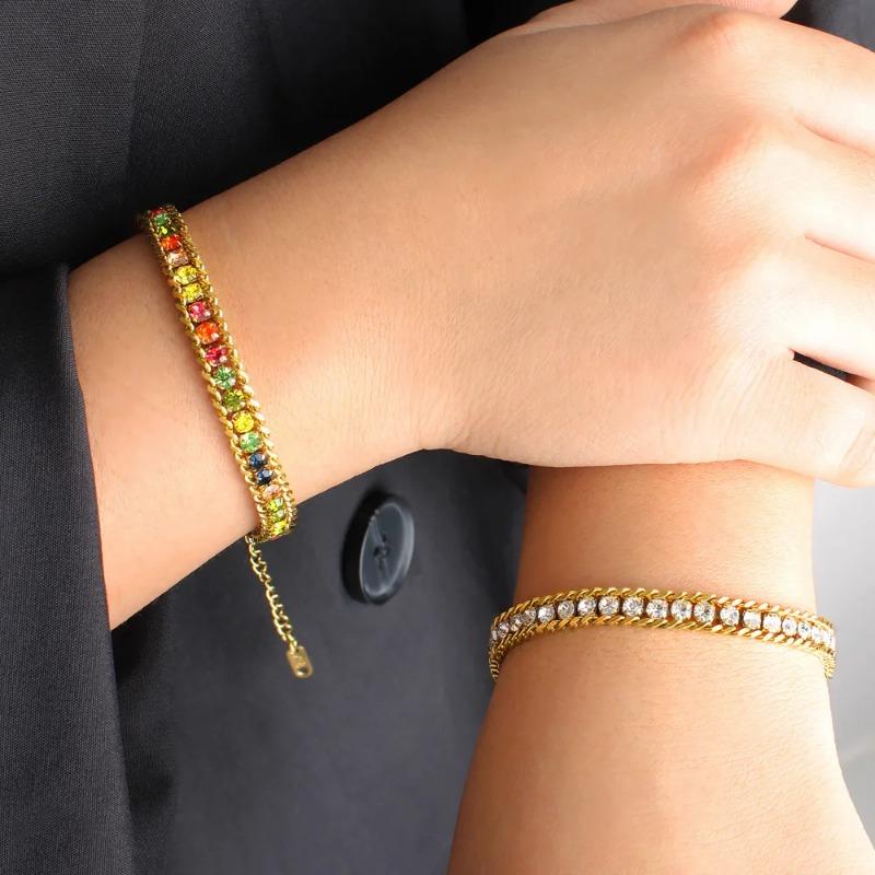 Stainless Steel Colored Zircon Bracelet, Light Luxury Elegant Bangle, Niche Personalized Tennis Chain Jewelry