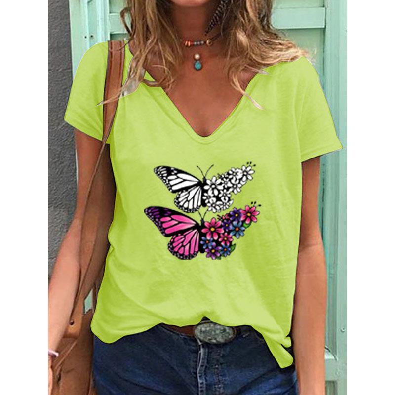 Mode Frühling Retro Schmetterlingsdruck Blusen Kurzärmelige V-Ausschnitt T-Shirts Lässig