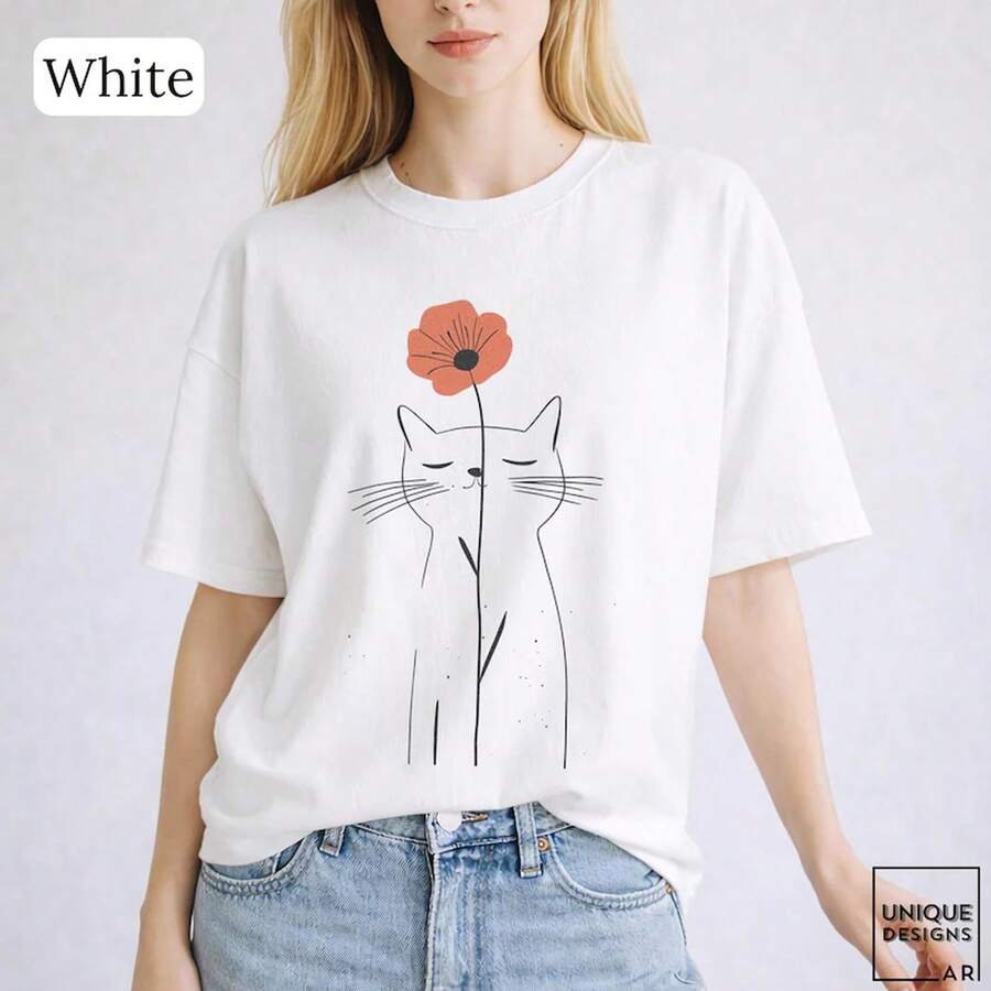 Loose Crew Neck Minimalist Line Art Cat And Floral Print Cute Gift For Cat Lovers Aesthetic Casual Daily Tops Multicolors