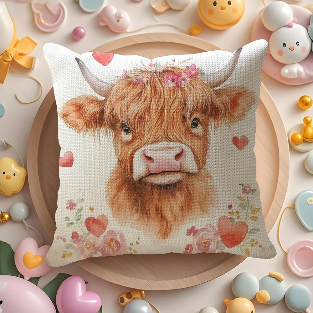 Highland cow and flower Cushion Cover Natural Linen Organic Fabric DoubleSided Printing Sofa Home Decor Gift Pillow Cover