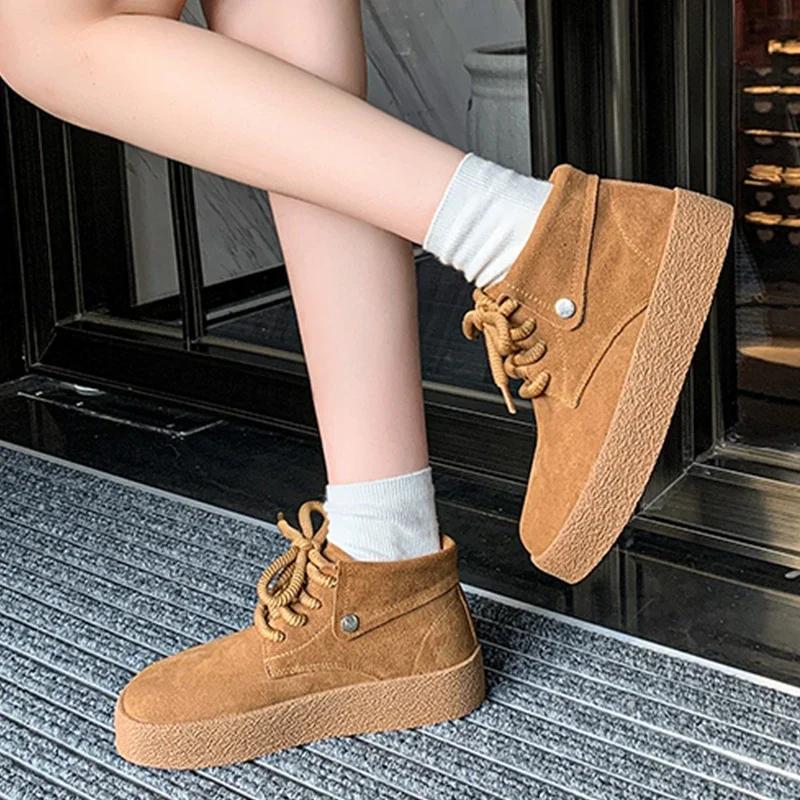 Semiš Platforma Dámské Kotníkové boty Ploché Módní Boty Žena 2025 Trend Zima Nový návrhář Chůze Útulný Ležérní Dámské Snow Botas