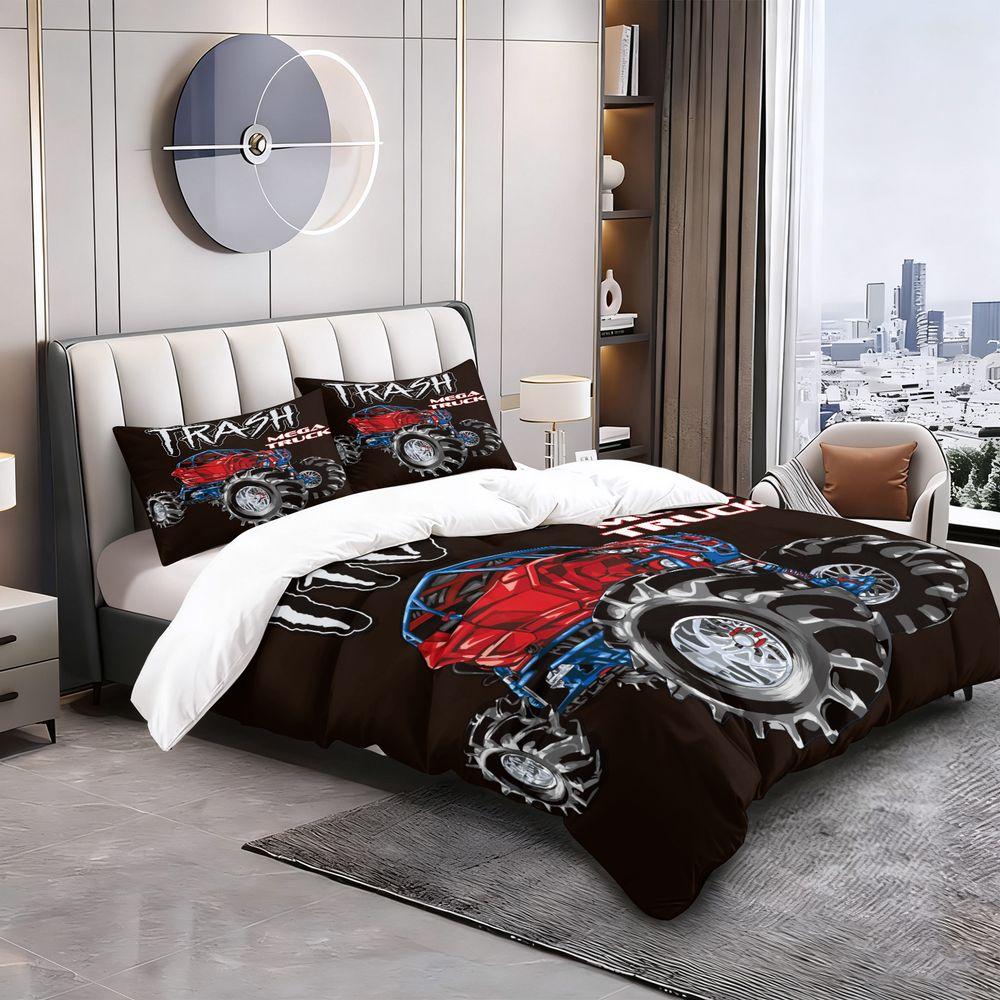Monster Truck Print Duvet Cover Set (1 Duvet Cover & 1/2 Pillowcase) Cool Off-Road Bedding Set Perfect for Boys Bedroom