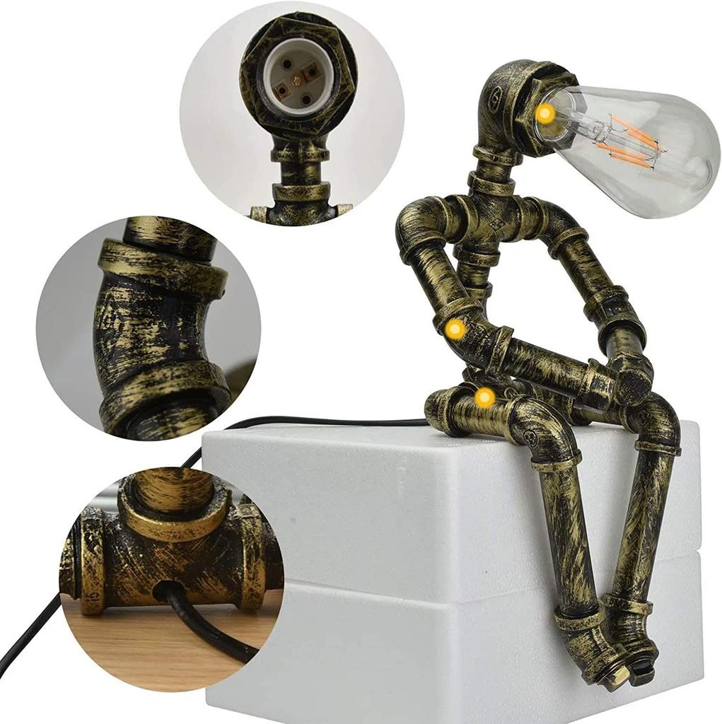 ALLUCK Retro Industrial Rusty Iron Water Pipe Table Lamp (Robot Steampunk) for Table or Side Desk, E27 110V, Single Light, Bronze, Suitable for