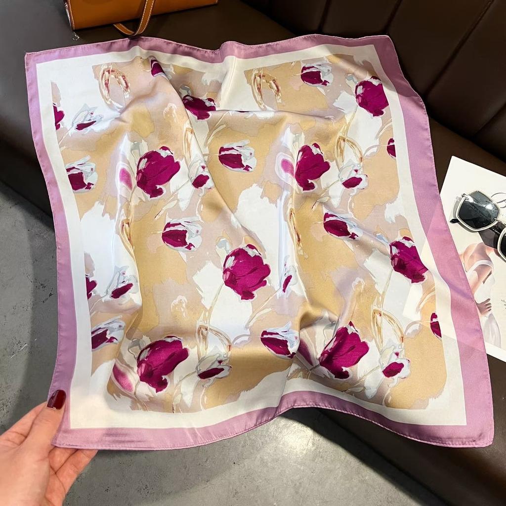 Spring and summer pink flower polyester small square scarf women's versatile commuter professional decoration silk scarf scarf sunscreen shawl