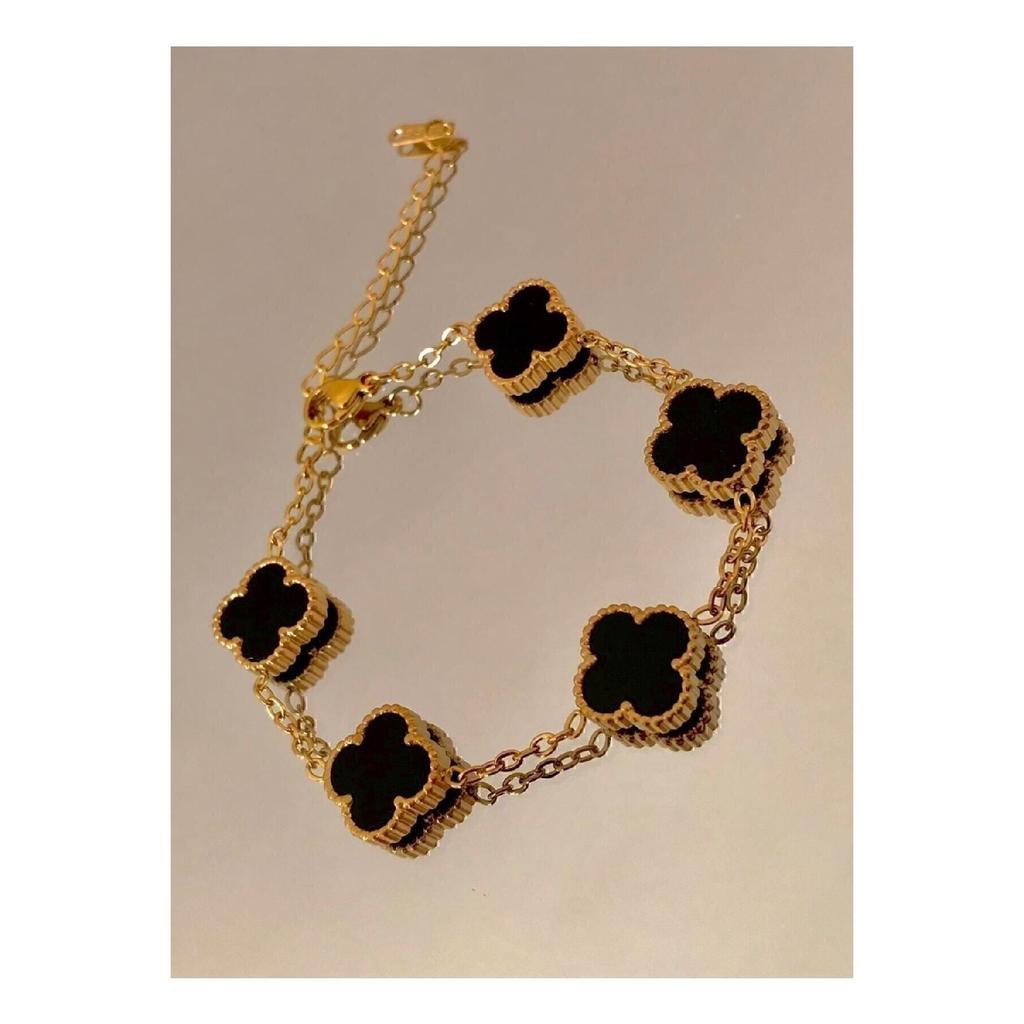 Silver Color Black Mother-of-pearl Clover Steel Bracelet