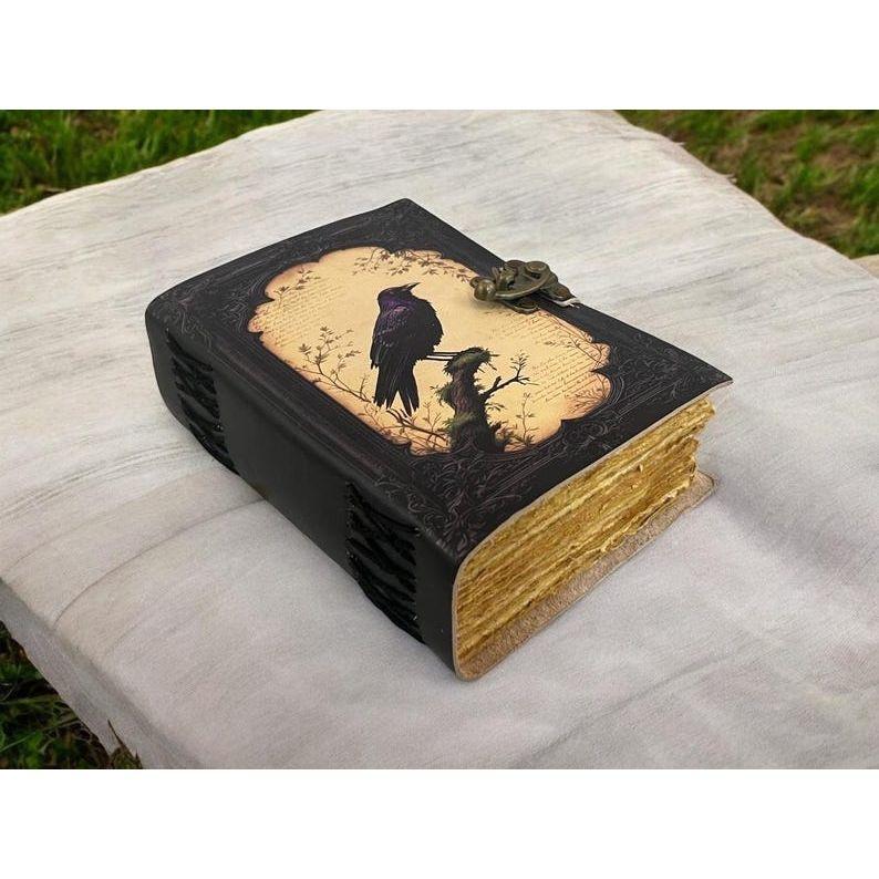 Leather Journal Gothic Notebook The Raven Grimoire Print - Vintage Handamde Journal Book of Shadows Witchcrafts Journal Gifts for Men