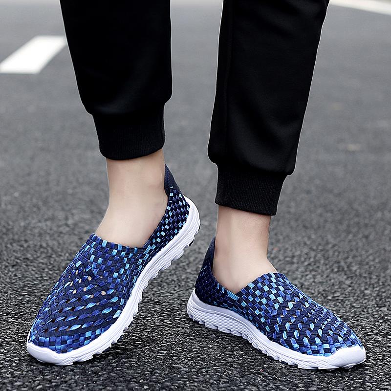 

Летние мужские кроссовки, черные, плетеные, пляжные, мягкие, легкие, спортивные туфли, повседневные, тканые, дышащие, без застежек, для папы 43 синий