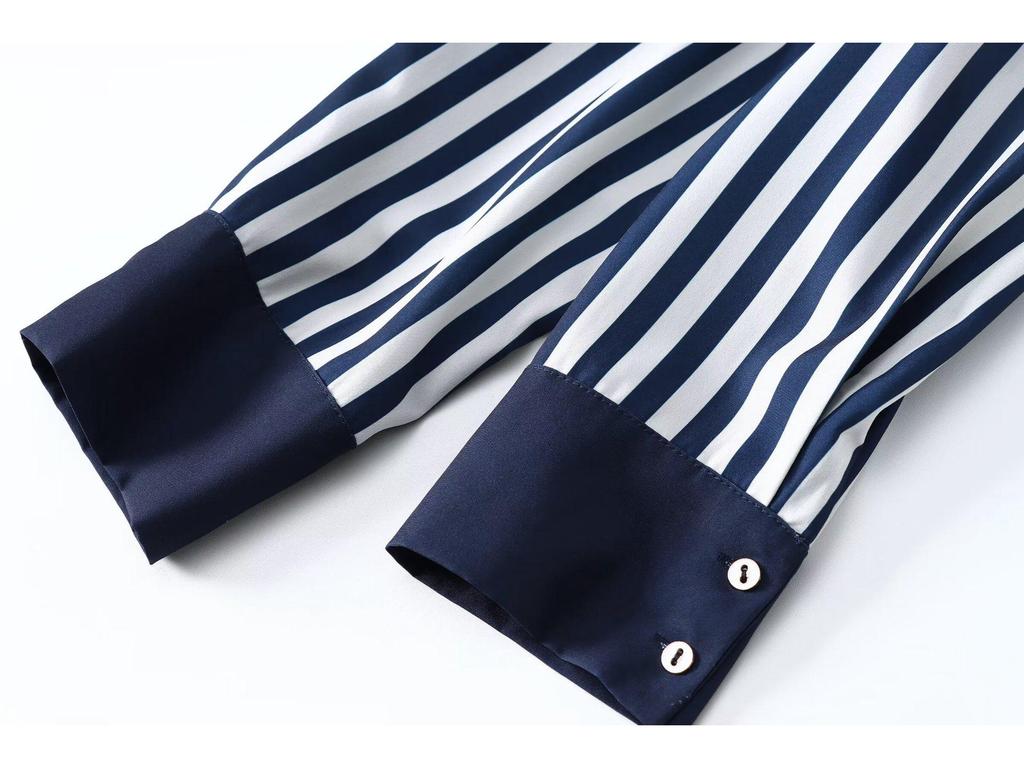 2024 Summer Women's Casual Striped Midi Belt Shirt Dress