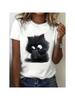 Cartoon Cat Print T-Shirt Round Neck Casual T-Shirt Suitable For Cat Enthusiasts Fashionable Cotton Top Suitable For All Seasons