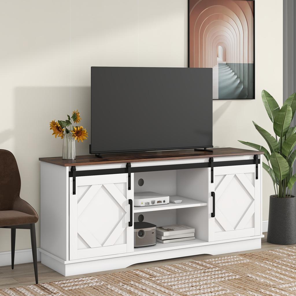 295186188AAW ) Grande Aparador para TV com 2 Portas de Correr Clássicas Prateleiras Ajustáveis para Sala de Estar Sala de Jantar Design Moderno 150*40*60cm
