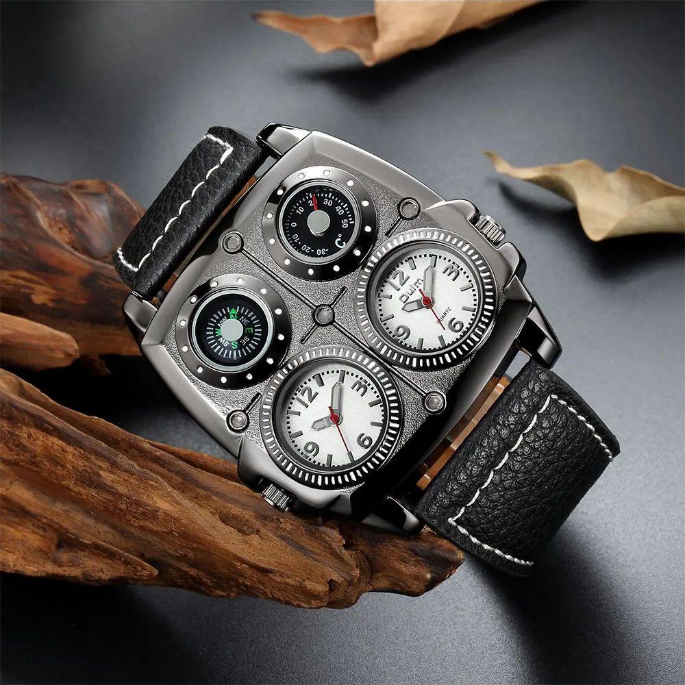 Oulm Fashion Casual Cool Streetstyle Men's Watch Double Time Zone Large Dial Luminous Leather Strap Men's Quartz Watches reloj