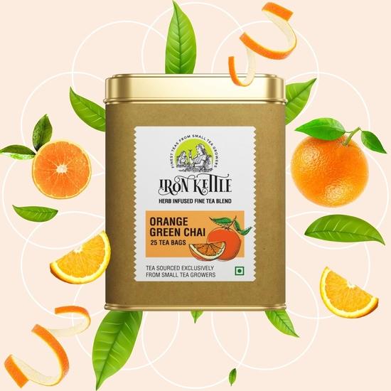 Iron Kettle Orange Green Tea | High Grown Green Tea Bag Blended with Peel, Sourced Exclusively from Small Tea Growers | 25 Tea Bags
