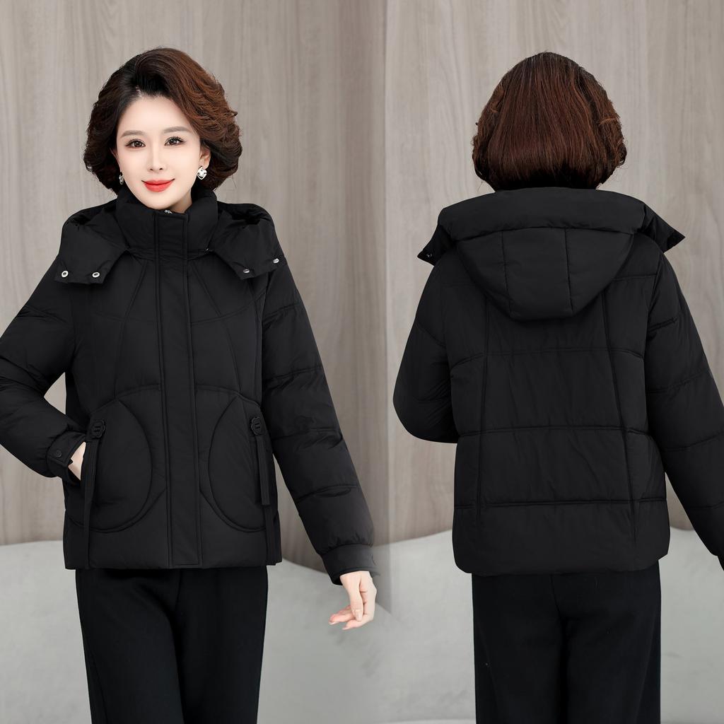 Women's Short Hooded Winter Middle-aged Loose Warm Cotton-padded Jacket with Detachable Hood