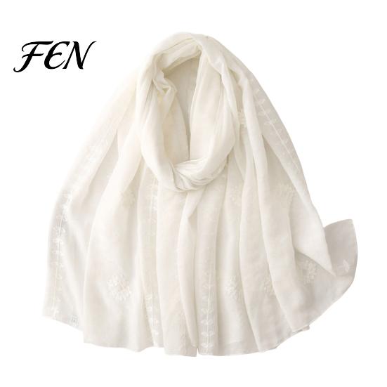 Bohemian Travel Accessory Solid Color Embroidered Shawl for Women, Lightweight Soft Gauze Scarf with Floral Vine Texture, 180x90cm Breathable