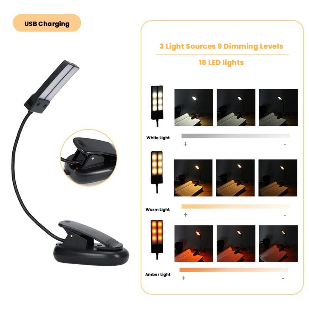 Durable Black LED Clip Light USB Rechargeable With 18 Lights Music Stand Light Portable Music Sheet Lamp Bedroom