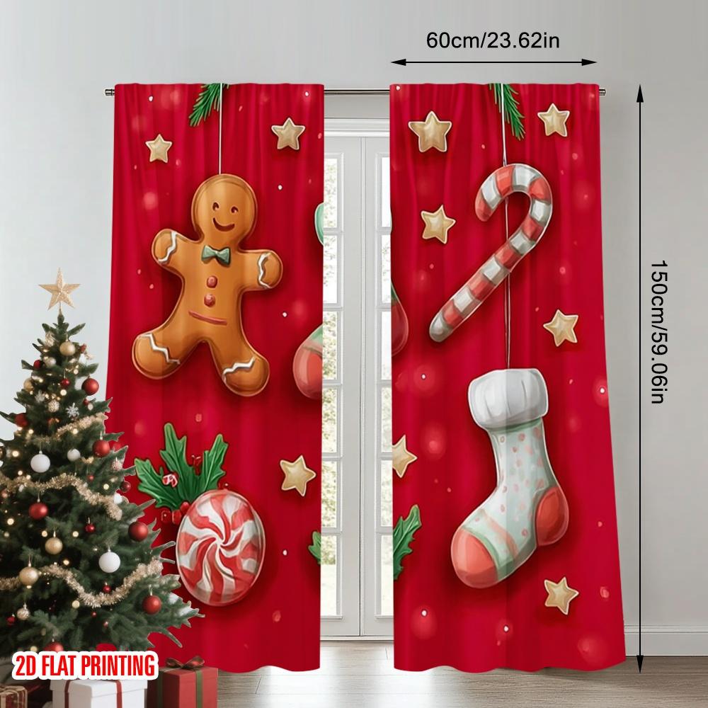 Set aus 2 flach bedruckten, hochwertigen Weihnachtsvorhängen mit stilvollen Elementen, einschließlich Lebkuchen, digital bedrucktes Polyester