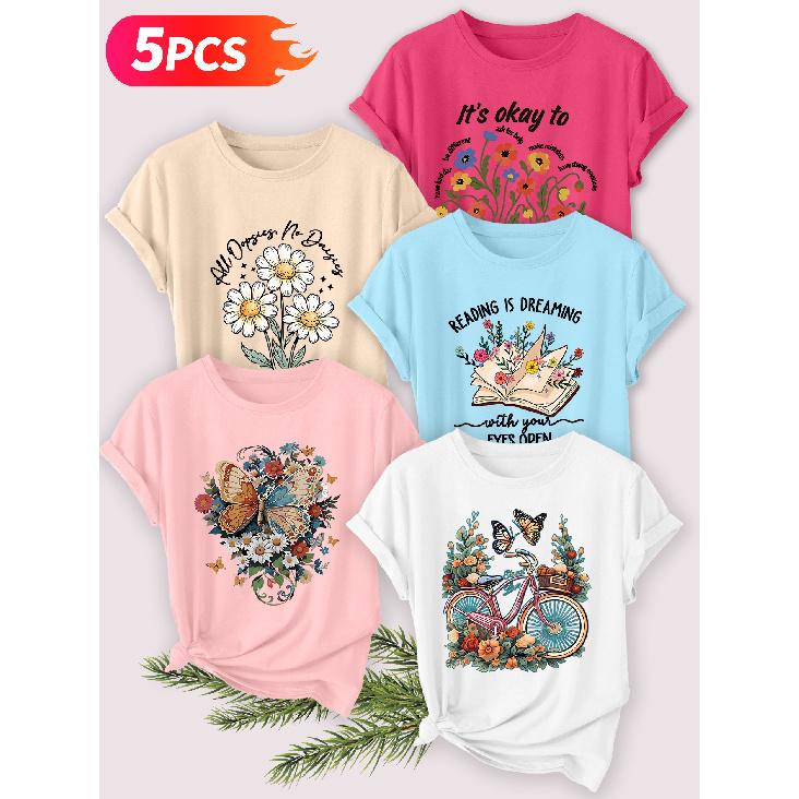 Five-piece set Elegant short-sleeved shirt for women Daisy Butterfly Print Round Neck Women's Casual Sportswear T Shirt Suitable for spring and