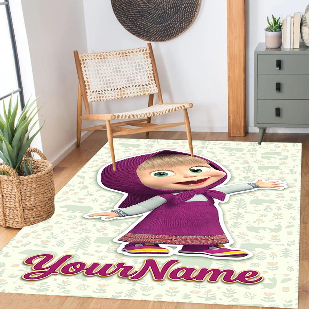 Masha Bear Customizable Name Floor Mat Design for Hallway Playrooms Entryway Outdoor Anti-slip Rug Anime Office Decor Best for Christmas