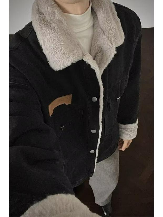 Men's Retro Velvet Denim Jacket – Trendy, Warm, Unisex, Loose-Fit with Multi-Pockets