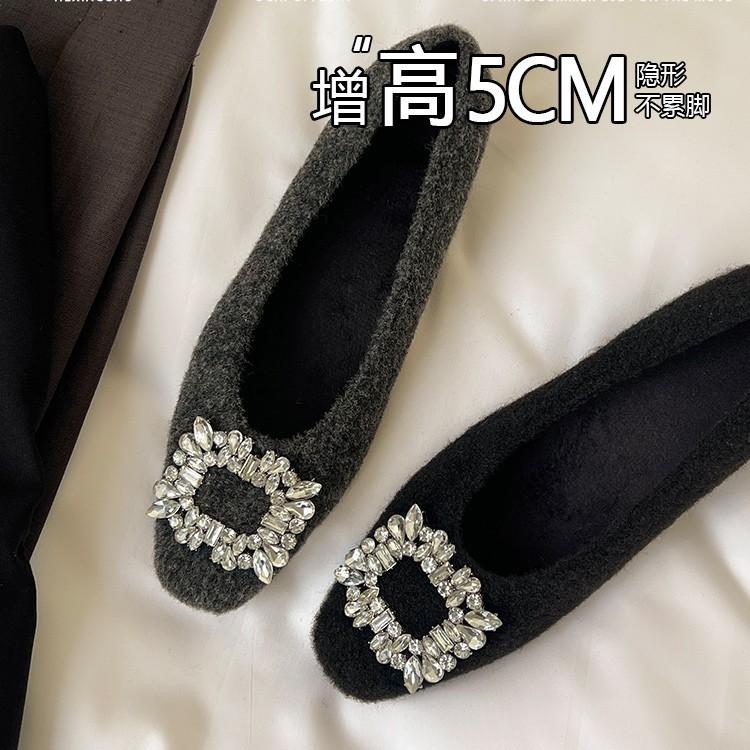 Flat bottom inner height increase 5cm shallow mouth single shoes 2025 autumn and winter new rhinestone temperament versatile Korean square head Mao 