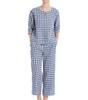 RAKUYUME Linen Loungewear Perfect for Hotel or Size XL Women's 100% Pajamas, Spring/Summer Set, 3/4 Sleeves, 9/10 Pants, Striped, Camping, Blue,