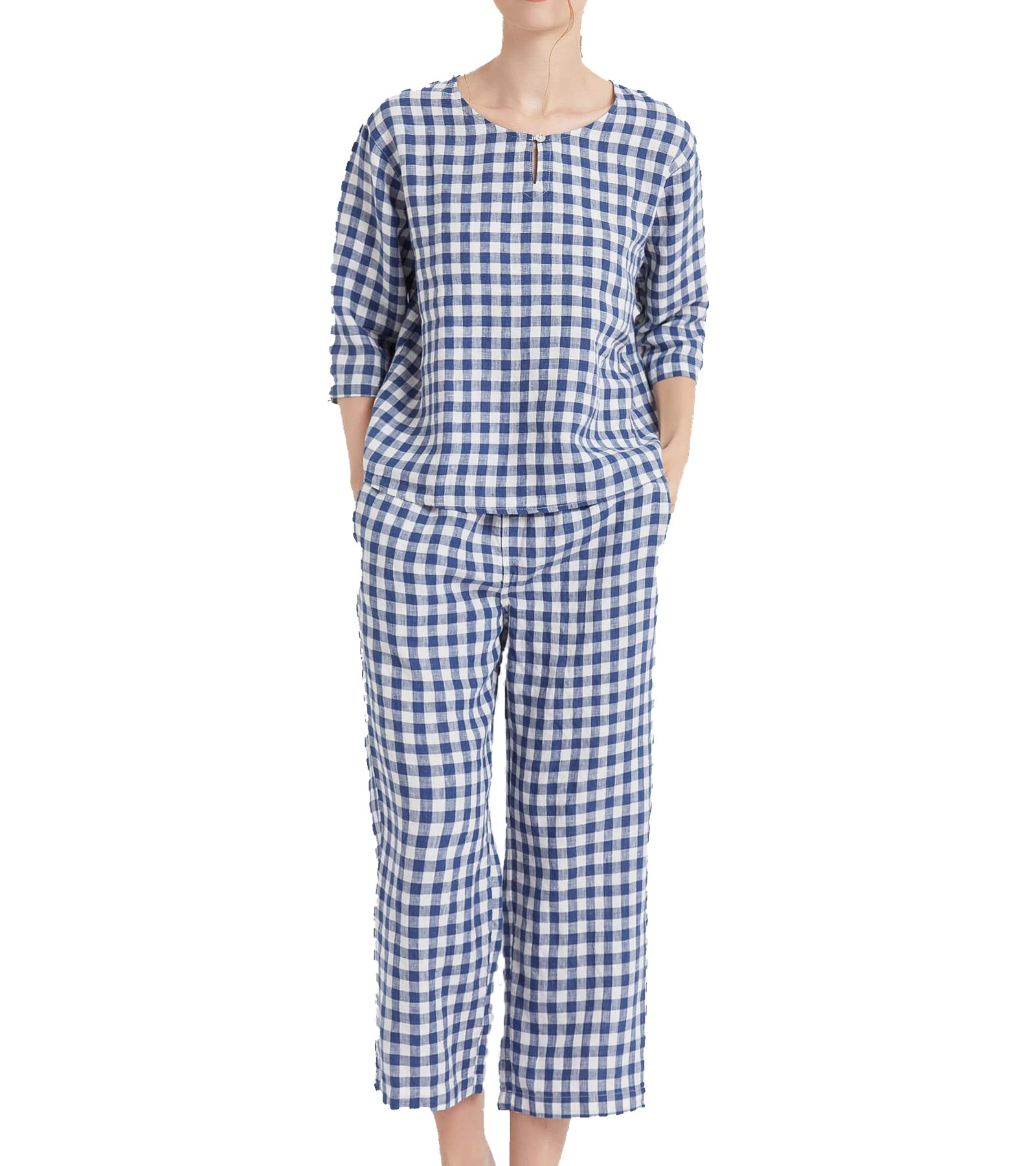 

RAKUYUME Льняная домашняя одежда Идеально подходит для отеля или размера XL Женская 100% пижама, Весенне-летний комплект, Рукава 3/4, Брюки 9/10, В полоску, Для кемпинга, Синий,